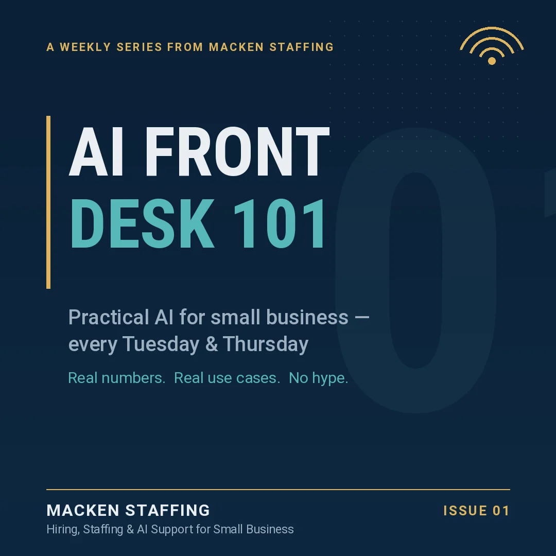 Graphic announcing a new weekly series: AI Front Desk 101 — practical AI for small business, every Tuesday and Thursday. Macken Staffing: hiring, staffing, and AI support for small business.