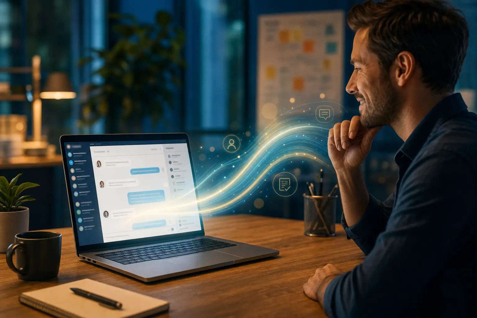 A small business owner smiling at a laptop showing an AI sales conversation following up with a lead